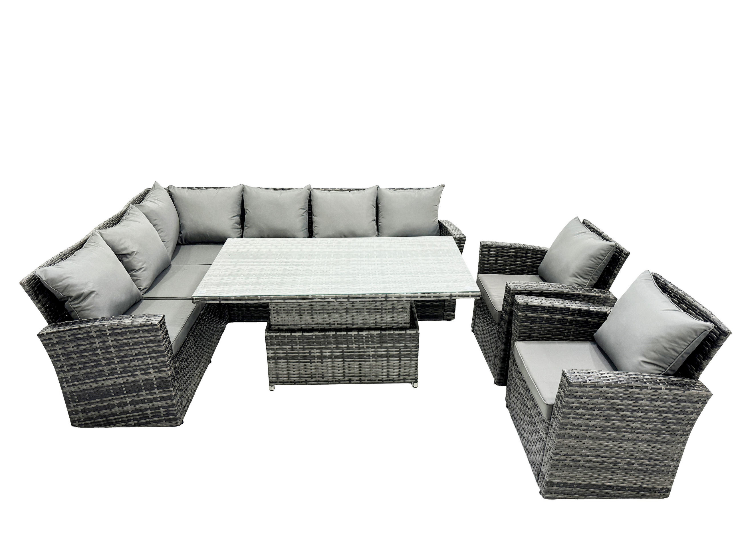 GARTENSET mit höhenverstellbarer Tisch Polyrattan 8-Sitzer - Dunkelgrau/Grau, Glas/Kunststoff - Fimous