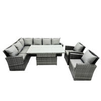 GARTENSET mit höhenverstellbarer Tisch Polyrattan 8-Sitzer - Dunkelgrau/Grau, Glas/Kunststoff - Fimous