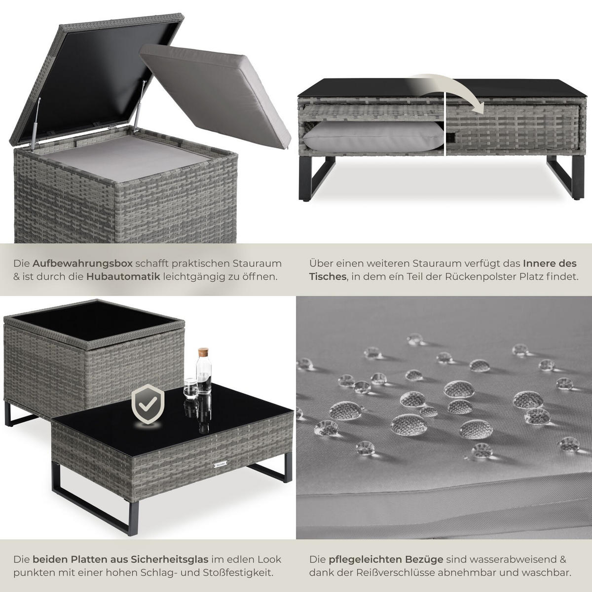 RATTANLOUNGE Ostuni, mit Sicherheitsglasplatte, grau-meliert/grau - Grau, Kunststoff - tectake