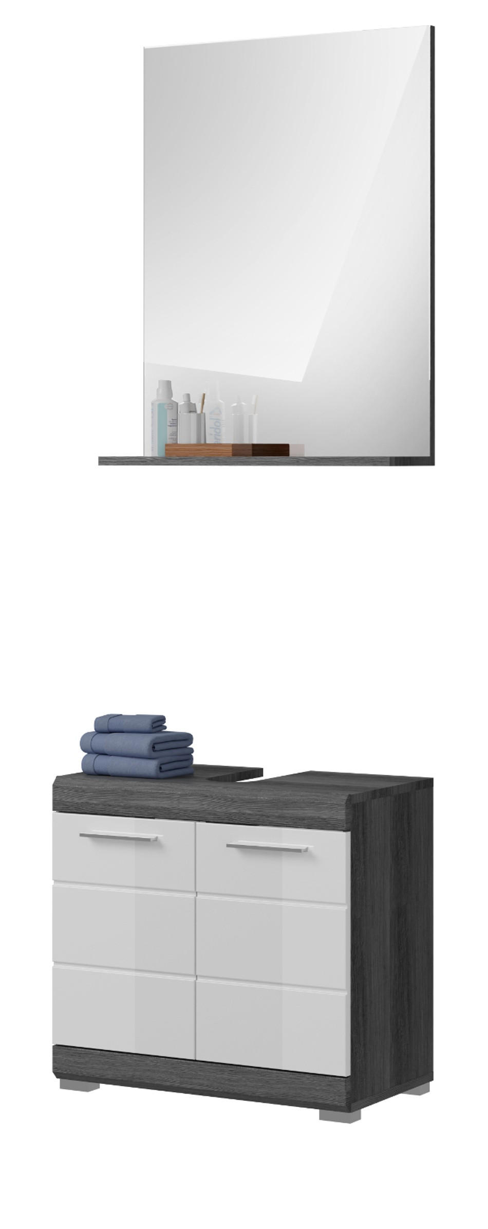 BADMÖBEL-SET weiß Hochglanz, grau 2-teilig 60 cm, Badkombination mit Spiegel - Weiß Hochglanz/Grau, Glas/Holzwerkstoff (60/191/34cm) - Inn.Furn