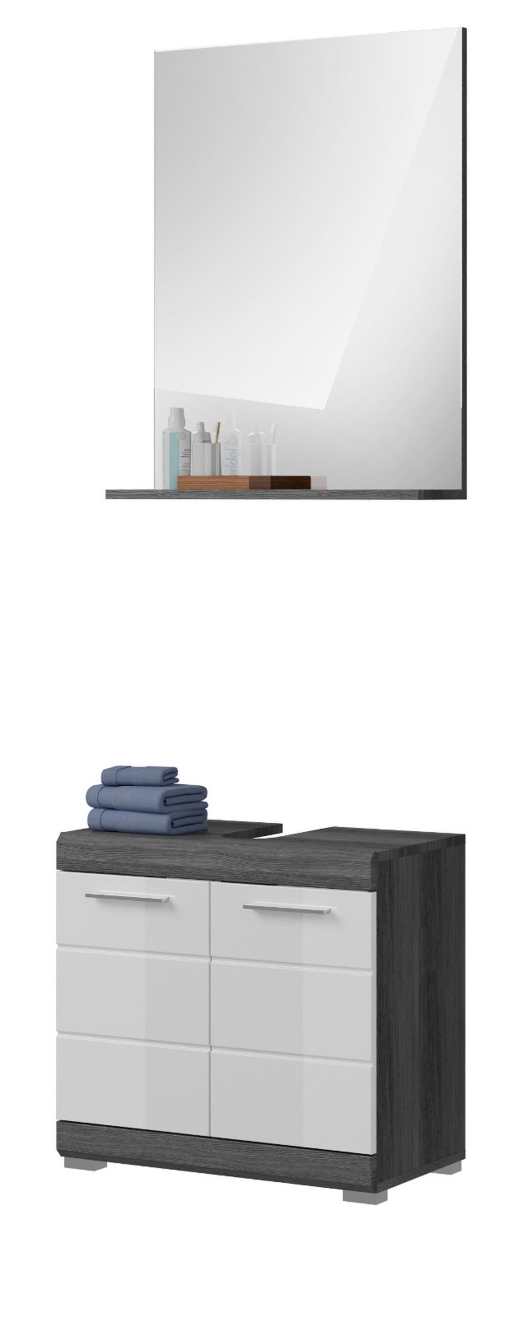 BADMÖBEL-SET weiß Hochglanz, grau 2-teilig 60 cm, Badkombination mit Spiegel - Weiß Hochglanz/Grau, Glas/Holzwerkstoff (60/191/34cm) - Inn.Furn