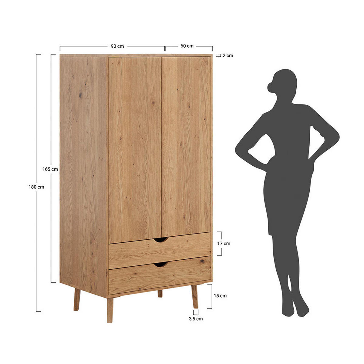 KLEIDERSCHRANK Simona Eiche Natur 90 / 60 / 180cm - Eichefarben, Holz (90/180/60cm) - Feldmann-Wohnen