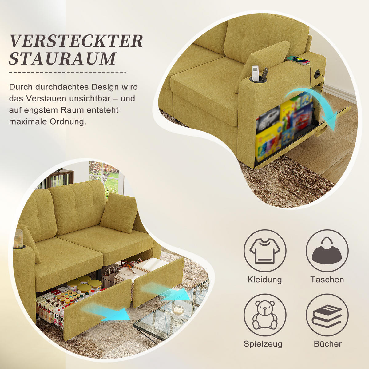 2-SITZER-SOFA aus Chenille 172x75x82 cm mit USB & Stauraumschubladen, senfgelb - Gelb, Textil (75/82/172cm)