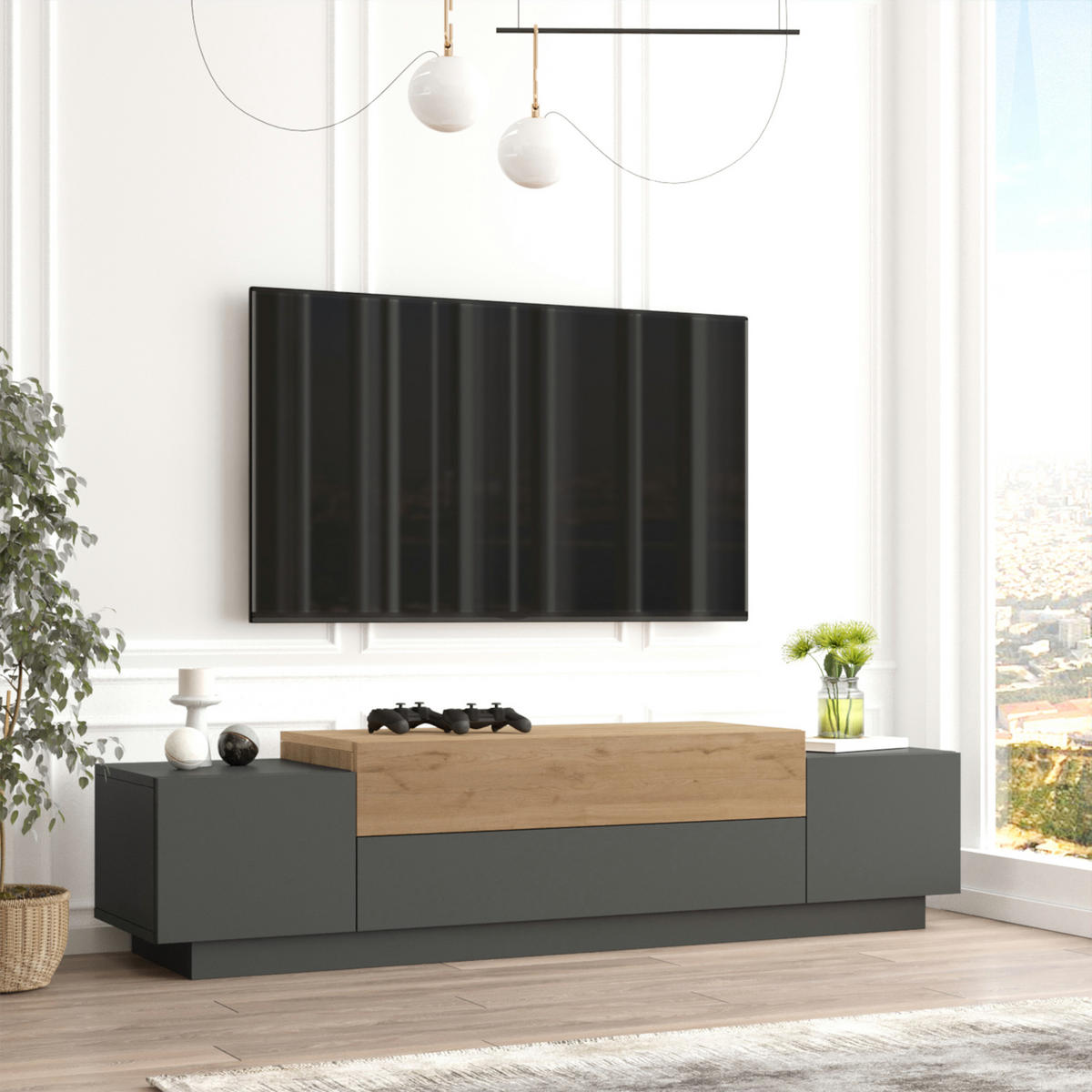 FERNSEHSCHRANK Firås - Eichefarben/Anthrazit, Holzwerkstoff (37.5/39/160cm) - [en.casa]