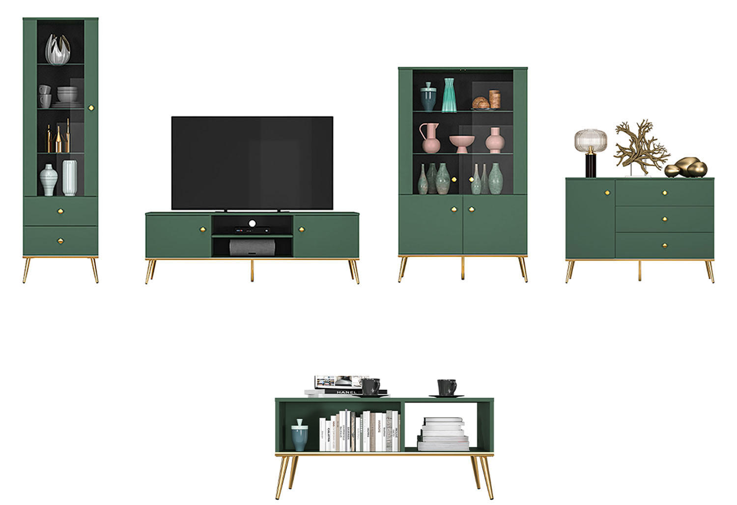WOHNZIMMER-SET Forest 5-teilig dunkelgrün / gold - Dunkelgrün/Grün, Holz/Holzwerkstoff (427/190/40cm) - Feldmann-Wohnen