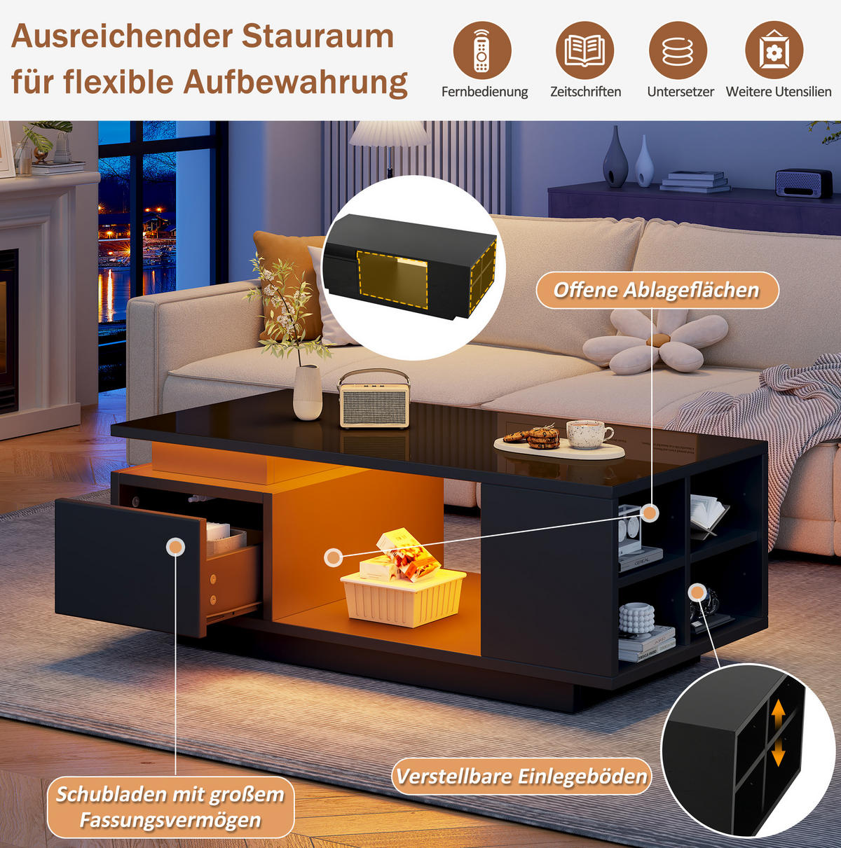 COUCHTISCH 100/50/36 cm mit Schublade, LED-Beleuchtung und seitlichen Ablagen, Hochglanz, Schwarz - Schwarz, Holzwerkstoff (100/50/36cm) - Redom