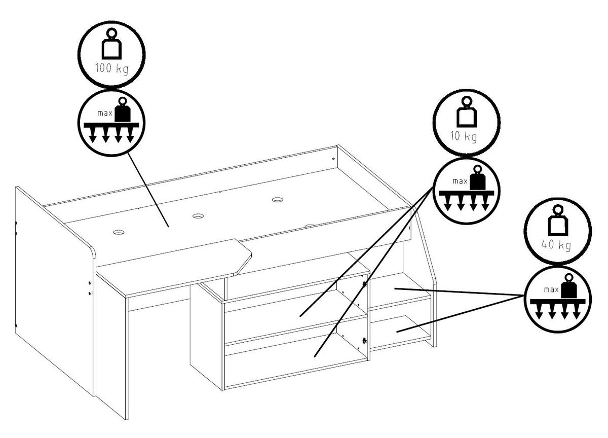 BETTKOMBINATION MIT KOMMODE & TISCH Multi weiß / grau 135 / 204 / 90cm - Weiß/Grau, Holz/Holzwerkstoff (90/200cm) - Feldmann-Wohnen
