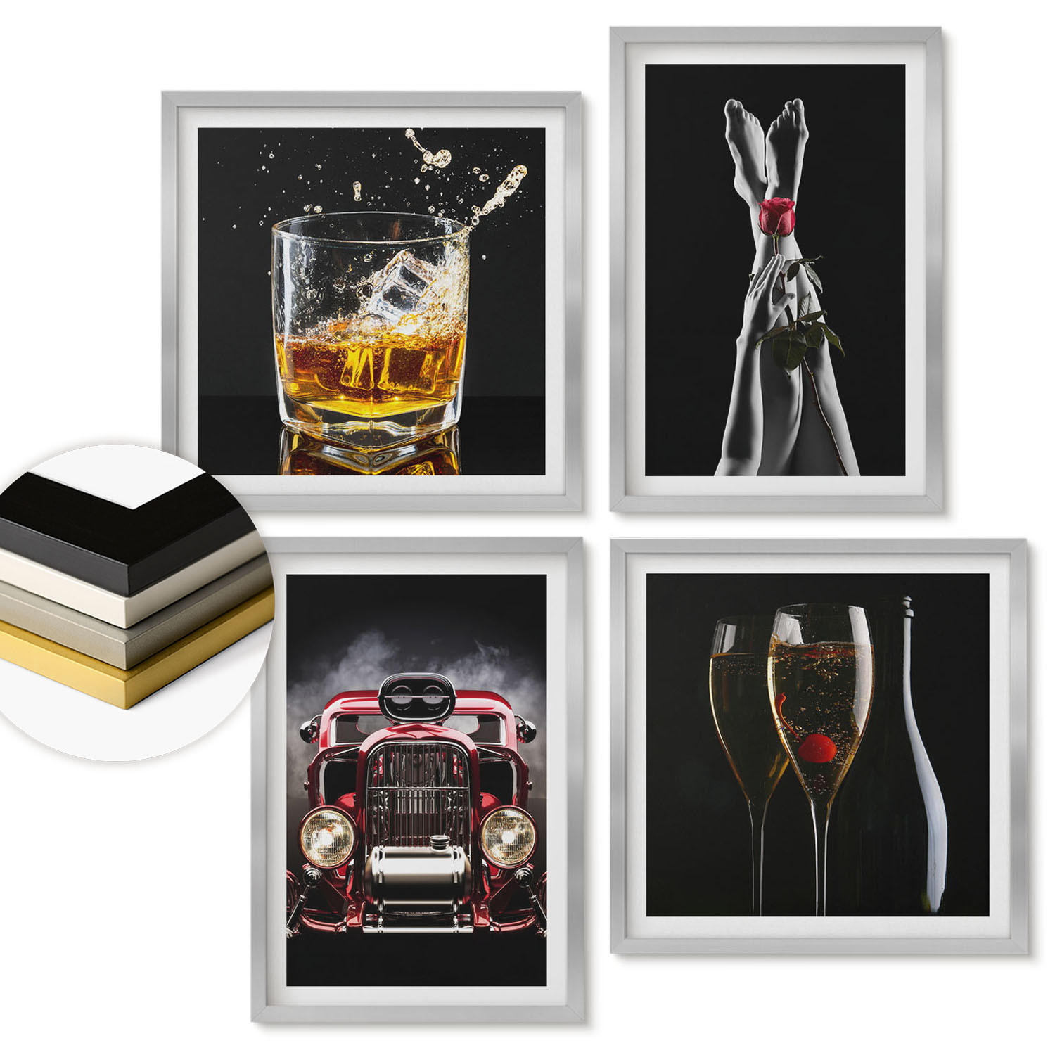 WANDBILDER 4er Set - 50x50 cm & 40x60 cm Silberner Rahmen - Frauenbeine Rosenwagen Wein - Silberfarben, Kunststoff (50/50cm) - ArtPrintCave