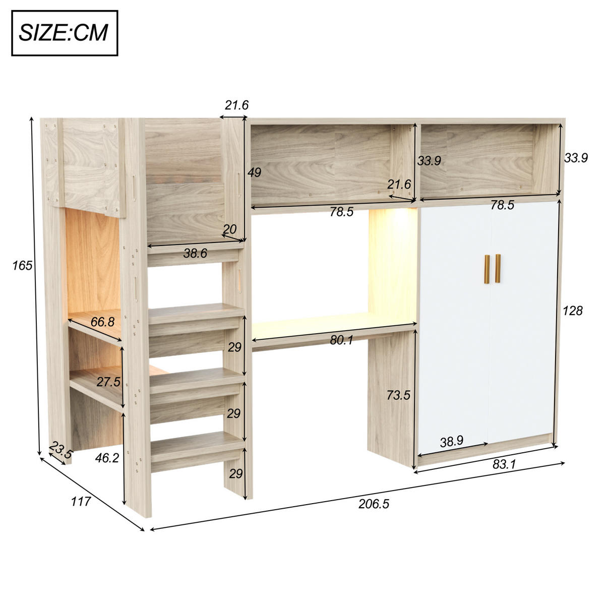 HOCHBETT aus MDF, Spanplatte und Sperrholz 90x200 cm Holzfarbe mit Schreibtisch, Kleiderschrank, Regal und LED-Beleuchtung - Naturfarben, Holzwerkstoff (90/200cm) - Modfu