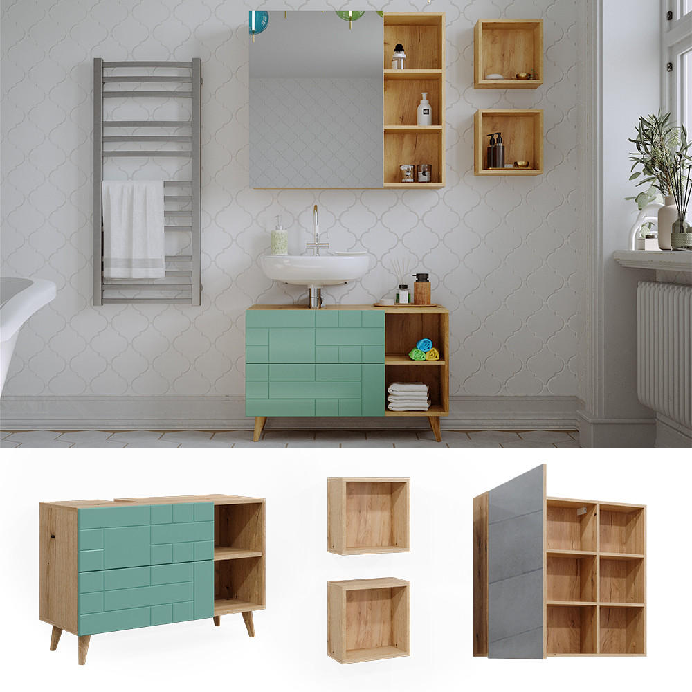 BADMÖBEL-SET Rudi Mintgrün 4 Teile - Eichefarben/Mintgrün, Holzwerkstoff (90/59/32cm) - Vicco