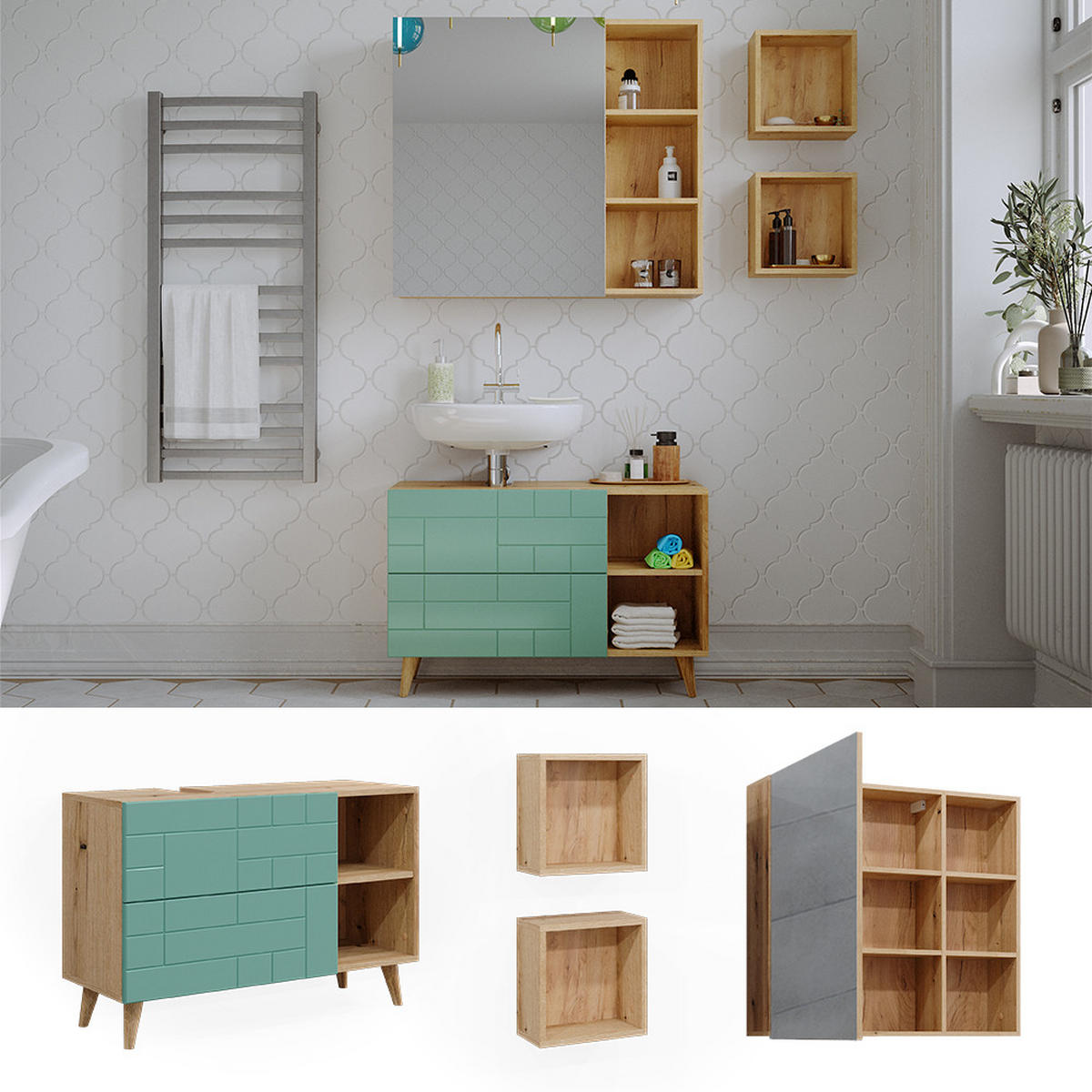 BADMÖBEL-SET Rudi Mintgrün 4 Teile - Eichefarben/Mintgrün, Holzwerkstoff (90/59/32cm) - Vicco