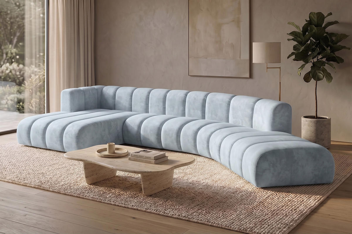 ECKSOFA Modulares In L-Form, Velvet-Stoff Riviera, Babyblau, Links, GRAND Round - Hellblau, Holz (445/179cm) - Kaiser Möbel