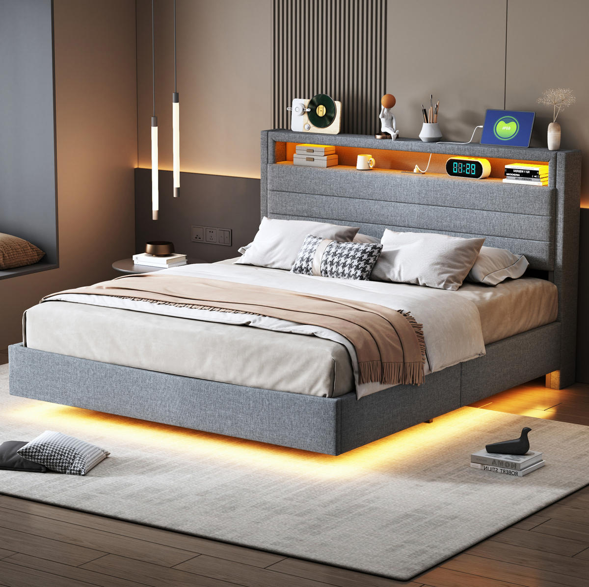 POLSTERBETT 140/200 cm Grau mit Stauraum, LED-Beleuchtung und USB-Anschluss - Grau, Textil (140/200cm) - Flora Grace