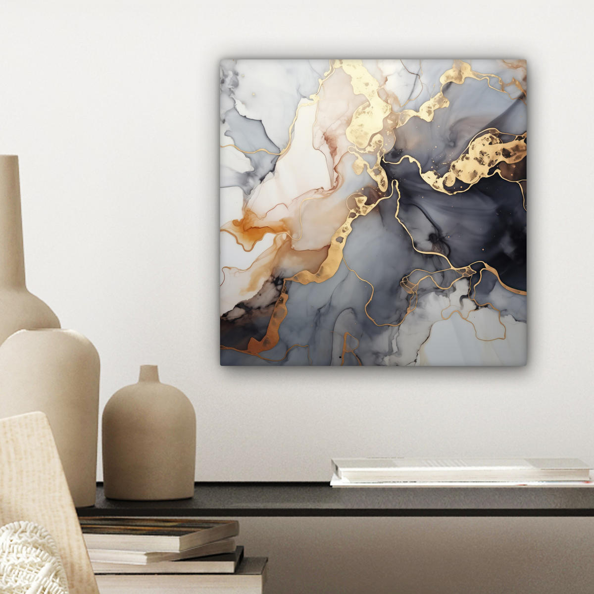 LEINWANDBILD Marmor - Schwarz - Gold - Weiß Deko Wohnzimmer 20x20 cm - Dunkelgrau, Textil (20/20cm) - MuchoWow
