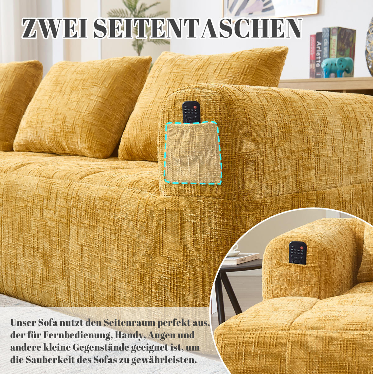 ECKSOFA 250/158/60 cm gelb aus Chenille mit Chaiselongue und Seitentaschen - Gelb, Textil (250/158cm) - OKWISH
