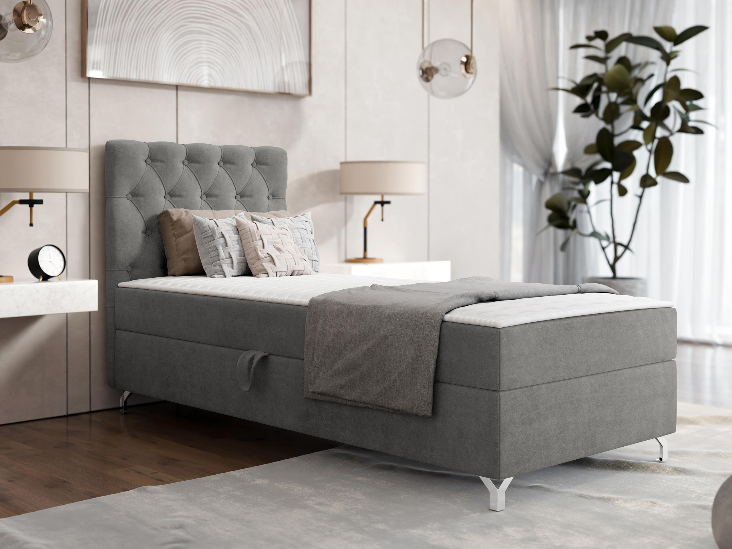 BOXBETT Chester 1, Seite: Links - Silberfarben/Grau, Holz/Textil (90/200cm) - MIRJAN24