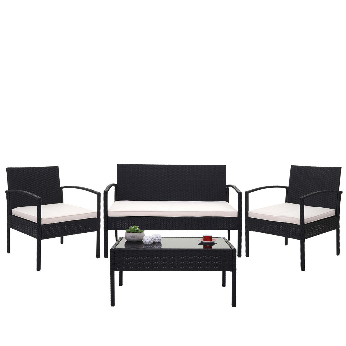 POLY-RATTAN GARNITUR Schwarz, Cremeweiß - Schwarz/Weiß, Kunststoff - MCW