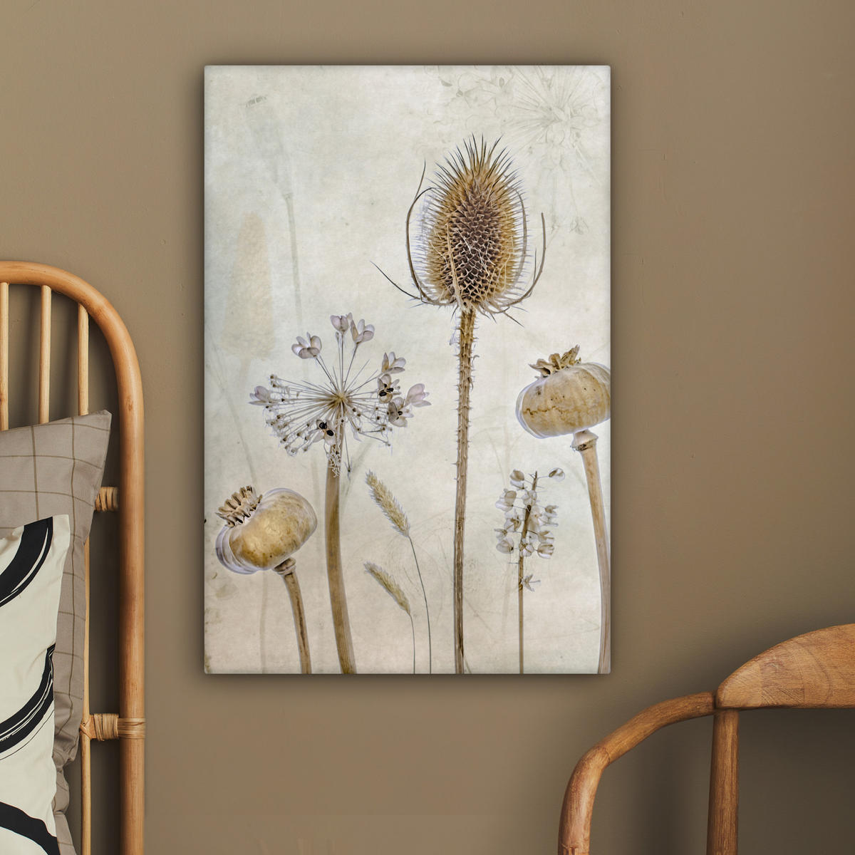 LEINWANDBILD Blumen - Aquarell - Stilleben - Braun - Vintage 40x60 cm - Beige, Textil (40/60cm) - MuchoWow