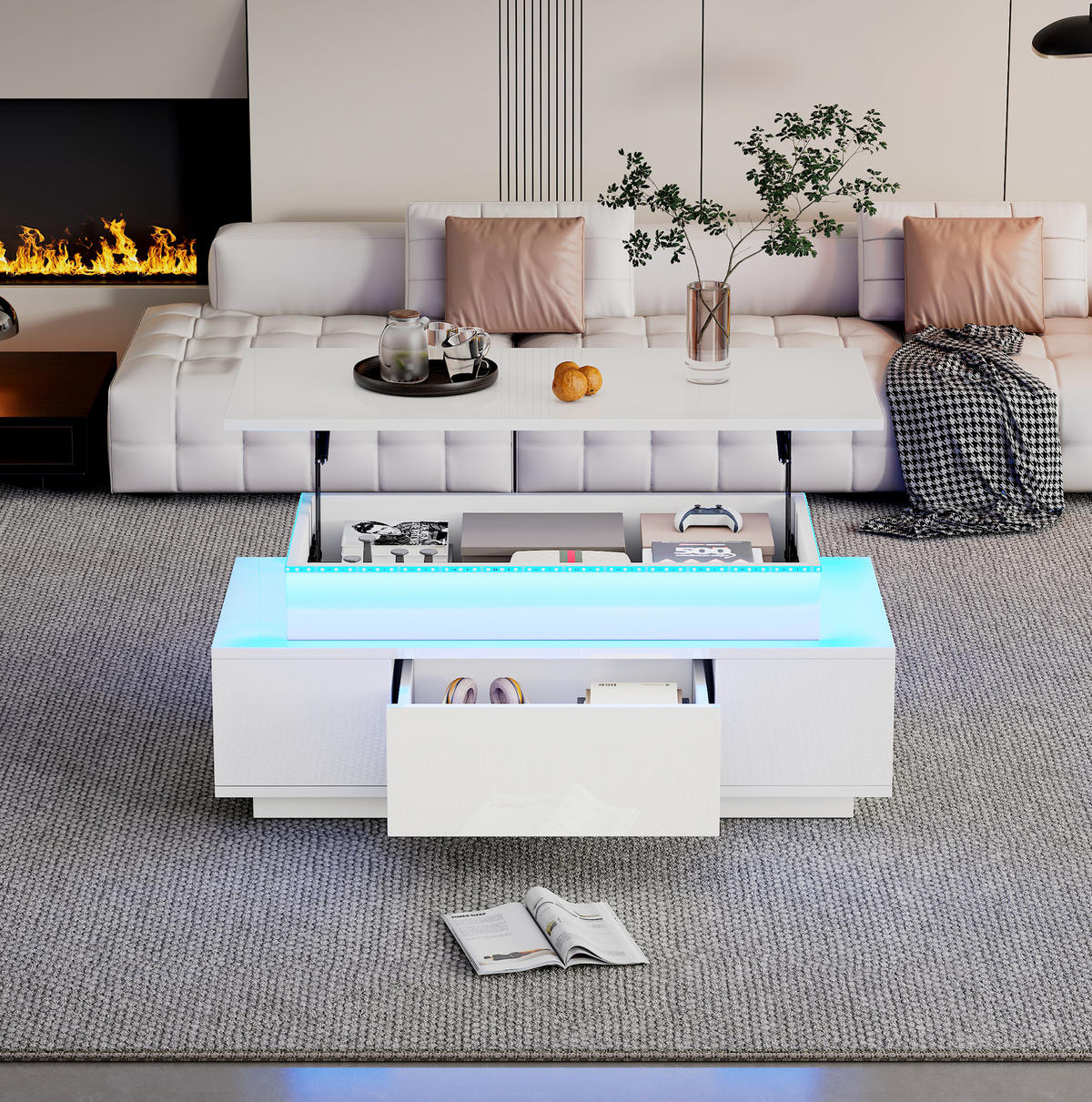 COUCHTISCH höhenverstellbar 96 x 45 x 40 cm Weiß mit LED - Weiß, Holzwerkstoff (96/45/40cm) - Meubliv