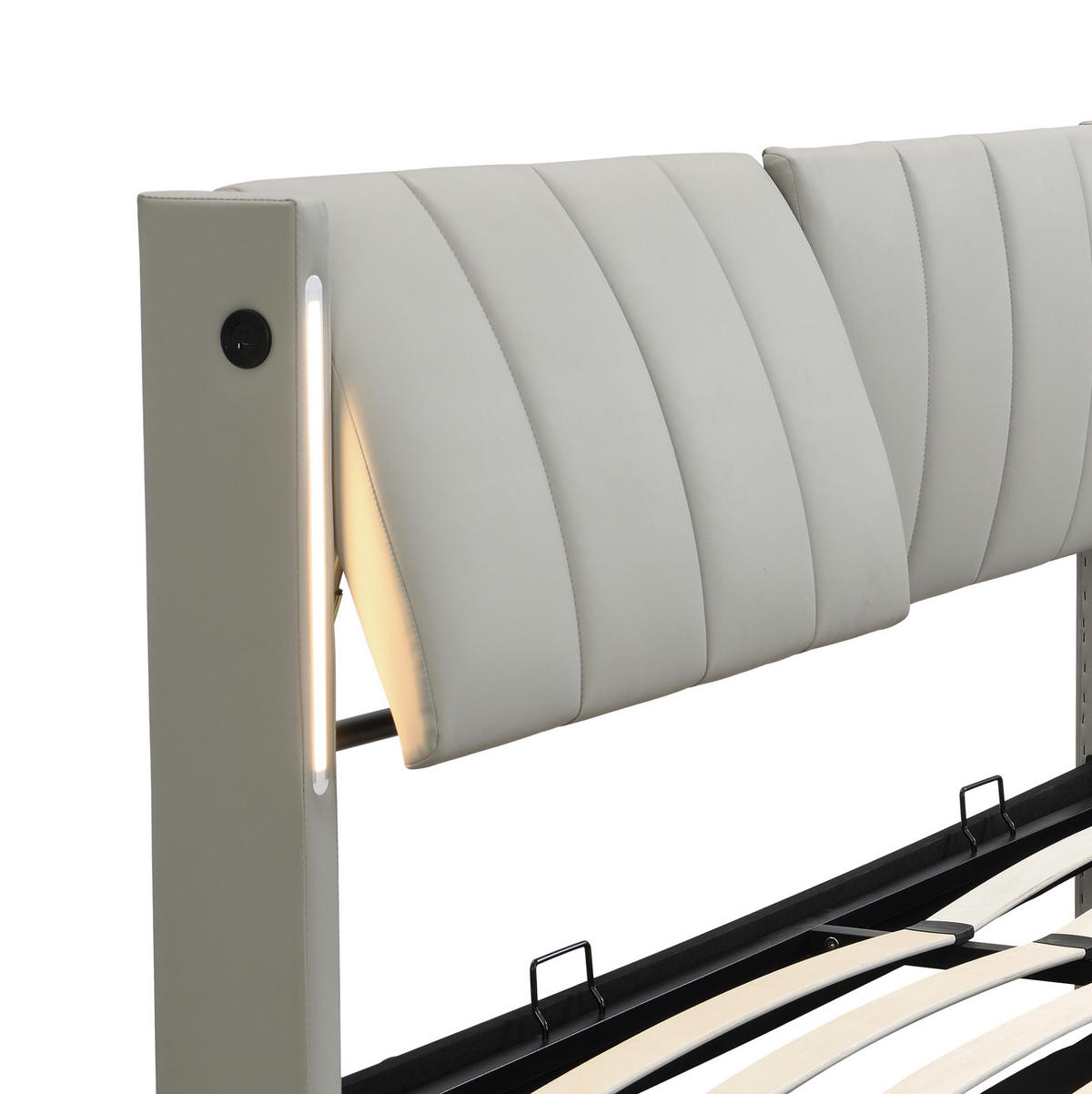 POLNJENA postelja iz PU 140x200 cm siva z LED osvetlitvijo, USB priključkom, hidravličnim predalom in nastavljivim vzglavjem - siva, usnje (140/200cm) - Modfu