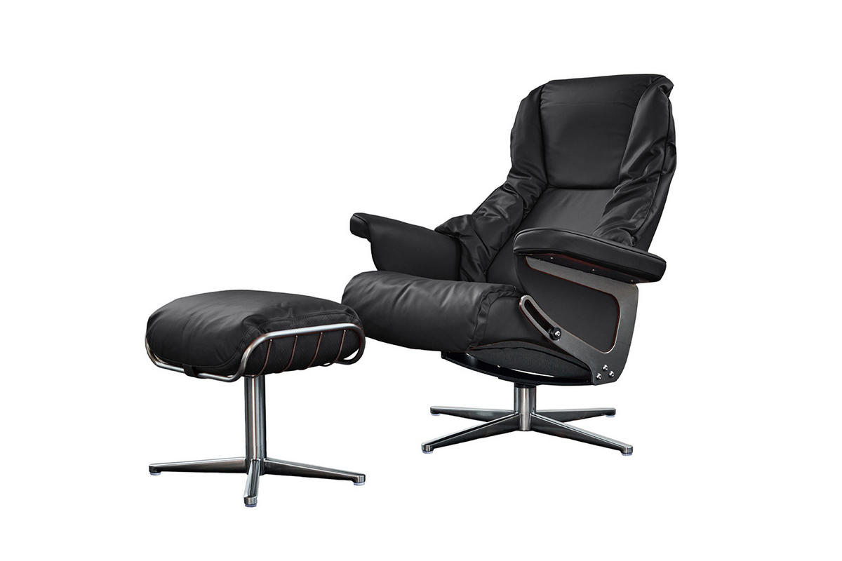 RELAXSESSEL MIT HOCKER MODO Schwarz Leder - Silberfarben/Schwarz, Leder/Metall (81/98/90cm) - KAWOLA