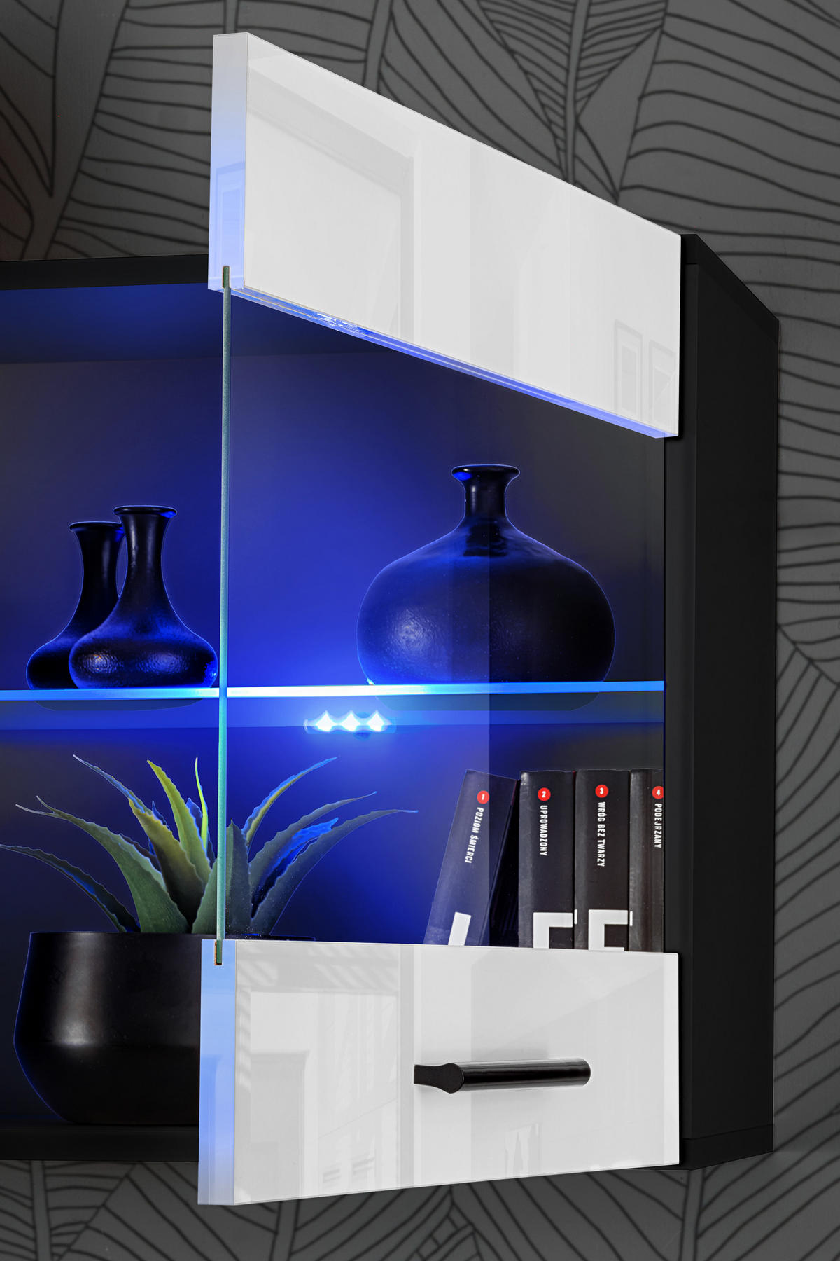 WOHNZIMMERSET Foggia, 6er-Set, Schwarz, Front Hochglanz Weiß, LED Blau - Schwarz/Weiß, Glas/Holzwerkstoff (230/190/45cm) - Komodee
