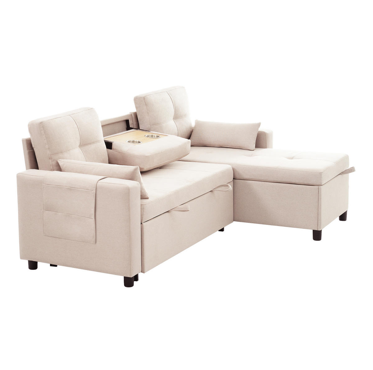 L-FÖRMIGES Schlafsofa aus Leinen mit Stauraum & Getränkehalter, 211/136/87 cm, Beige - Beige, Textil (136/87/211cm) - Redom