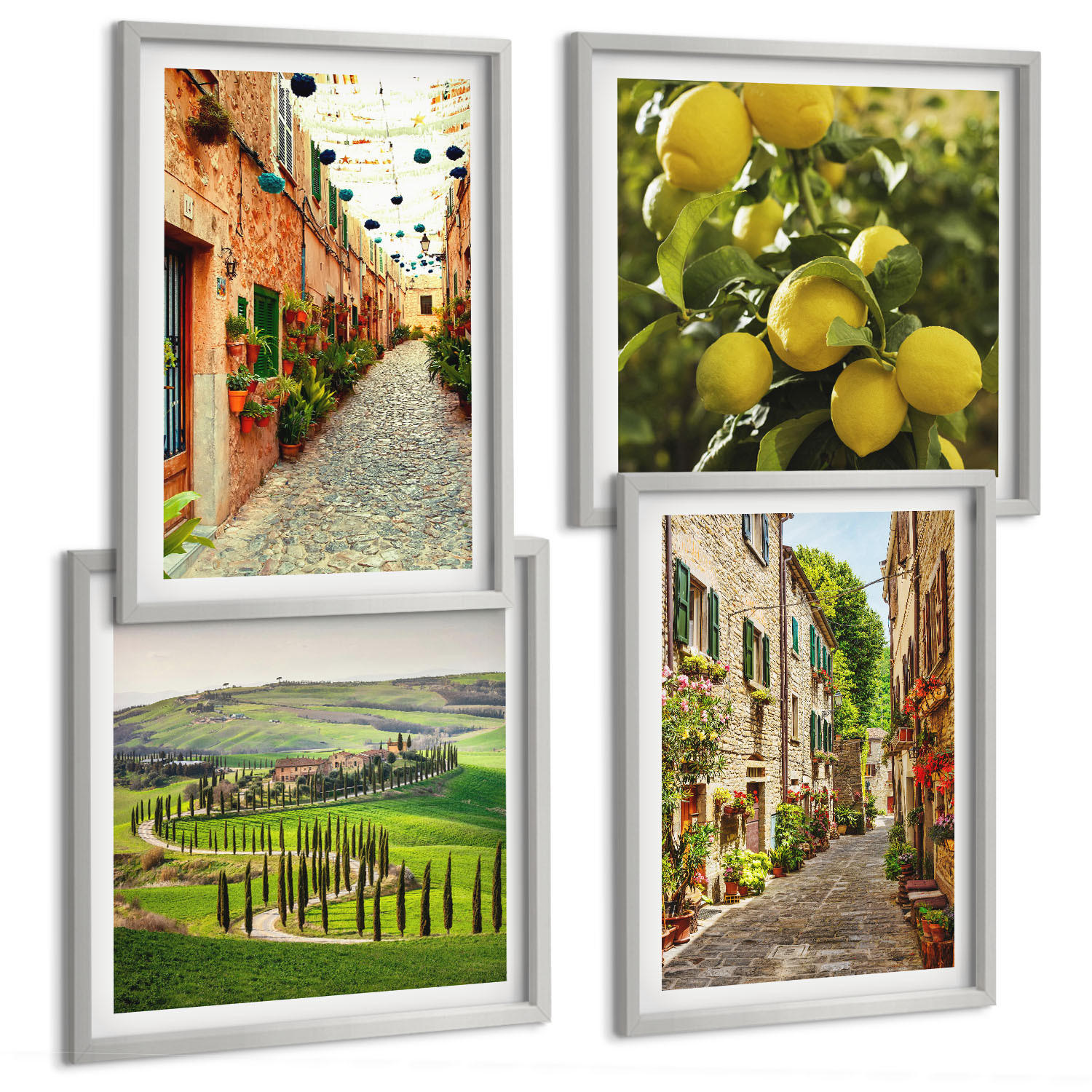 BILDER SET 4er Set - 50x50 cm & 40x60 cm Silberner Rahmen - Bezaubernde Straßen voller Zitronenblüten - Silberfarben, Kunststoff (50/50cm) - TULUP