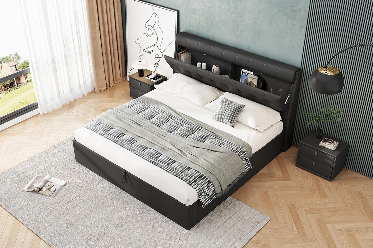 POLSTERBETT 180x200cm Schwarz PU Mit Hydraulik & Verdecktem Stauraum - Schwarz, Leder (180/200cm) - FLIEKS