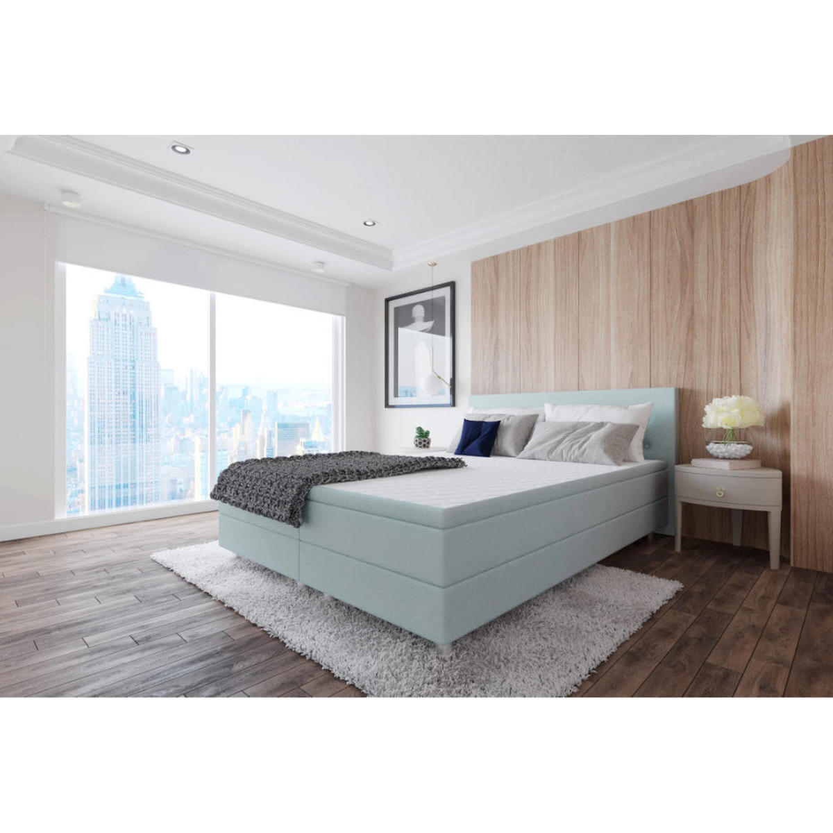 BOXBETT, Polsterbett Sawana mit Bonellfederkern-Matratze und Topper Schlafzimmer - Blaugrau, Holz/Holzwerkstoff (160/200cm) - Best For Home
