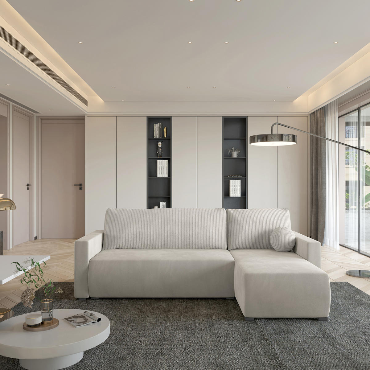 ECKSOFA SORGE Creme Plüsch-Stoff mit Schlaffunktion - Creme, Holz (220/143cm) - MASSENO