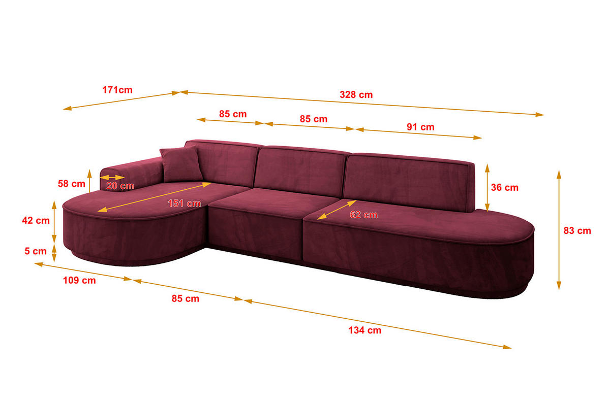 ECKSOFA Ottomane Links MARI-L2-v3 - 328x171x83 cm Bordeaux Velours - Bordeaux/Schwarz, Holzwerkstoff/Kunststoff (328/171cm) - ALTDECOR