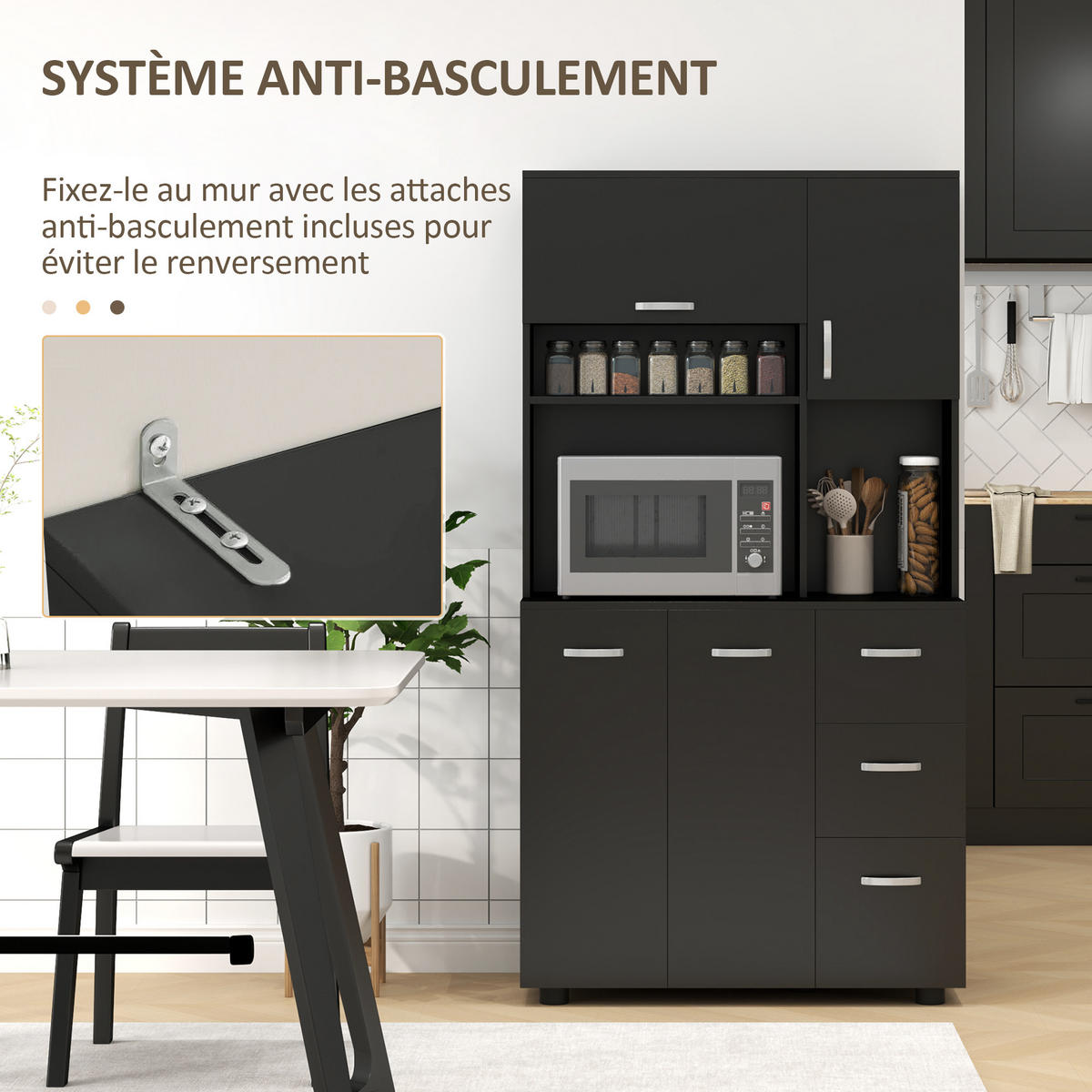BUFFET DE-11116 4 Türen & 3 Schubladen mit Arbeitsplatte Schwarz - Schwarz, Holzwerkstoff (39.5/168/89cm) - ComfortXL