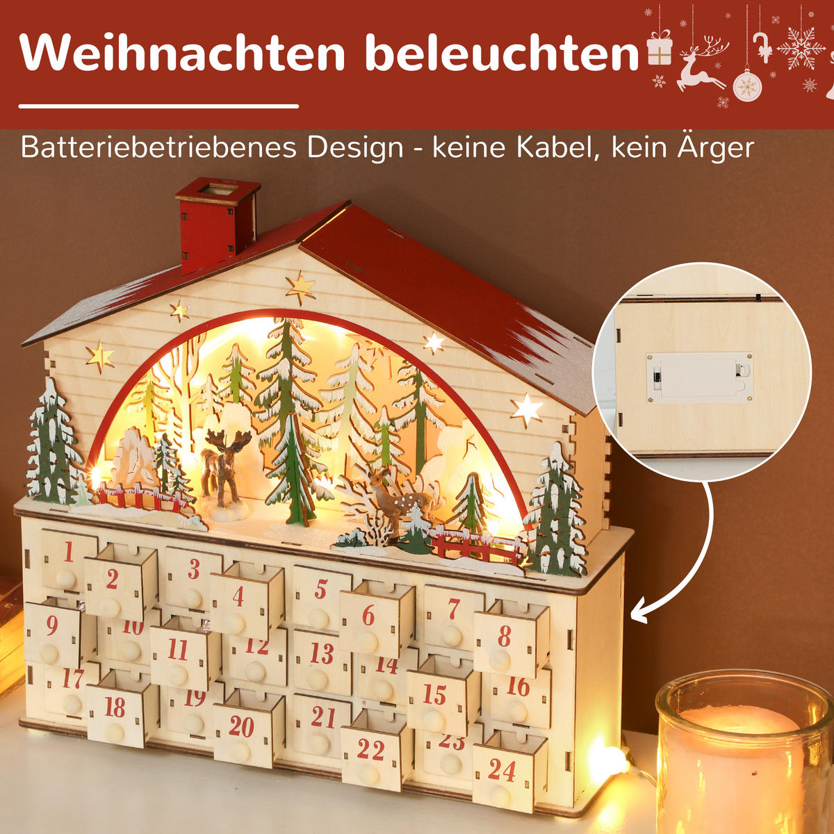 ADVENTSKALENDER zum Befüllen 24 Schubladen Fächer Weihnachtskalender Naturholz - Naturfarben, Holzwerkstoff (10/34/36cm) - HOMCOM