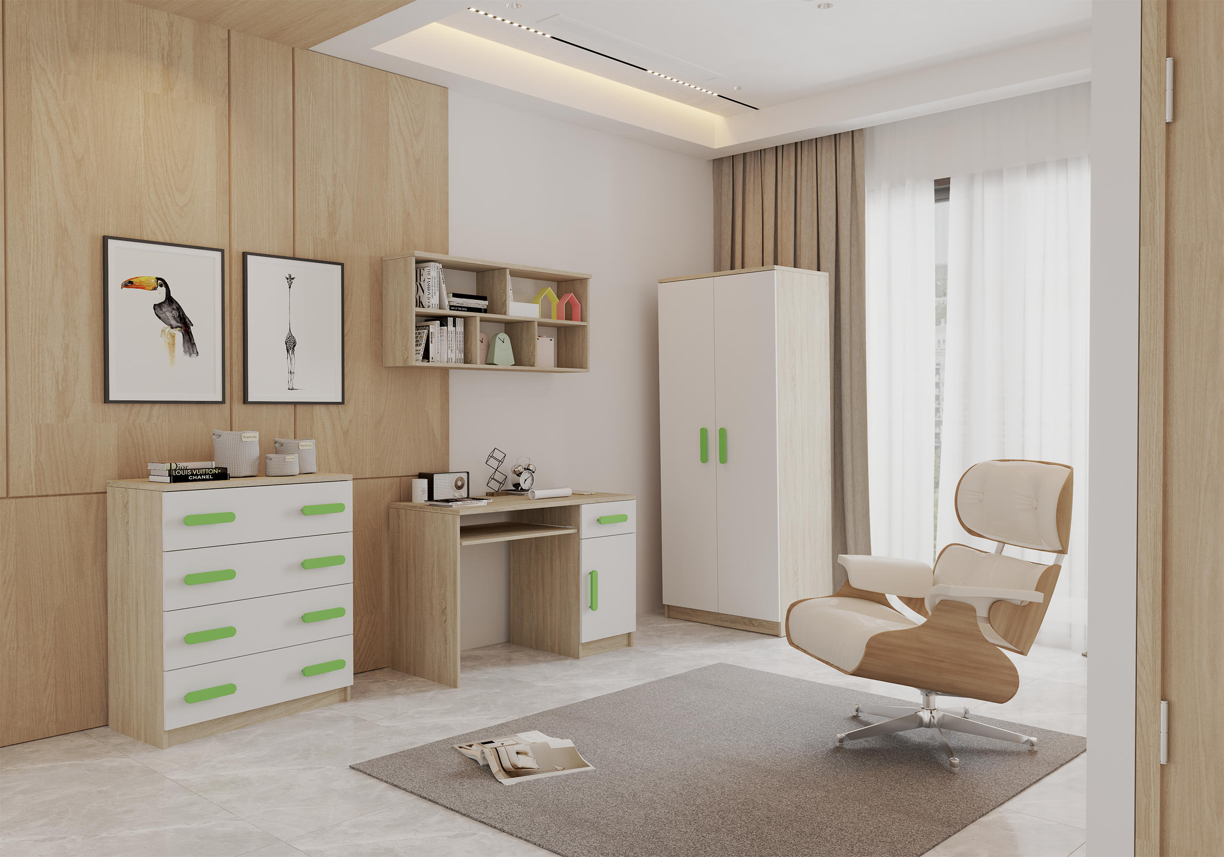 JUGENDZIMMER Elora in Eiche und Weiß – 4-teiliges Set mit Schreibtisch, Kommode, Wandregal und Schrank – Grifffarbe Limette - Braun, Holzwerkstoff (80/200/120cm)