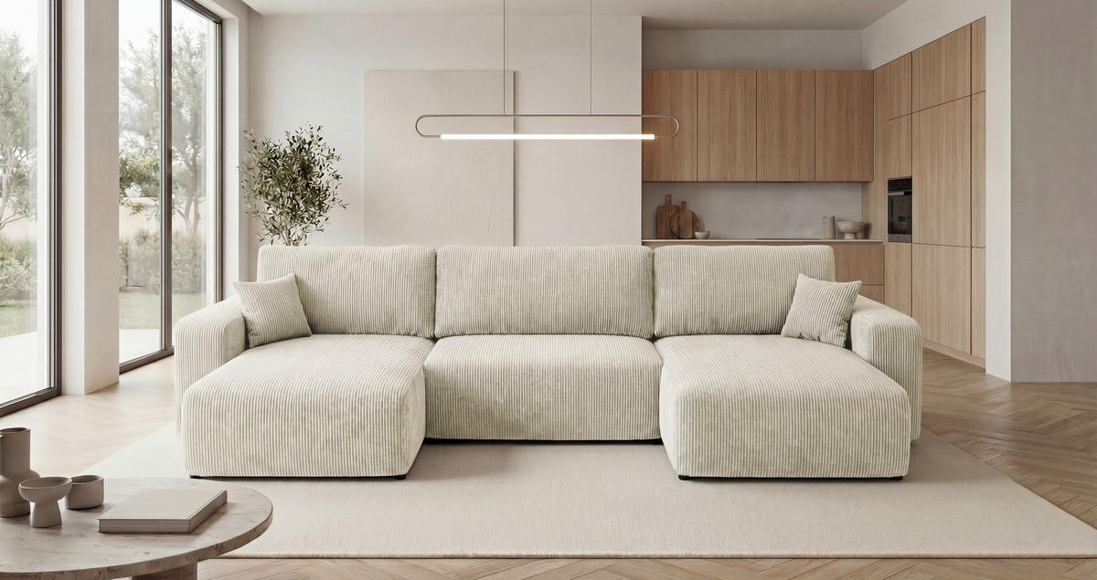 WOHNLANDSCHAFT BERLIN U-Form weiß Cord Poso 100 - Schlaffunktion, Bettkasten - Weiß, Textil (385/86/185cm) - Cornero
