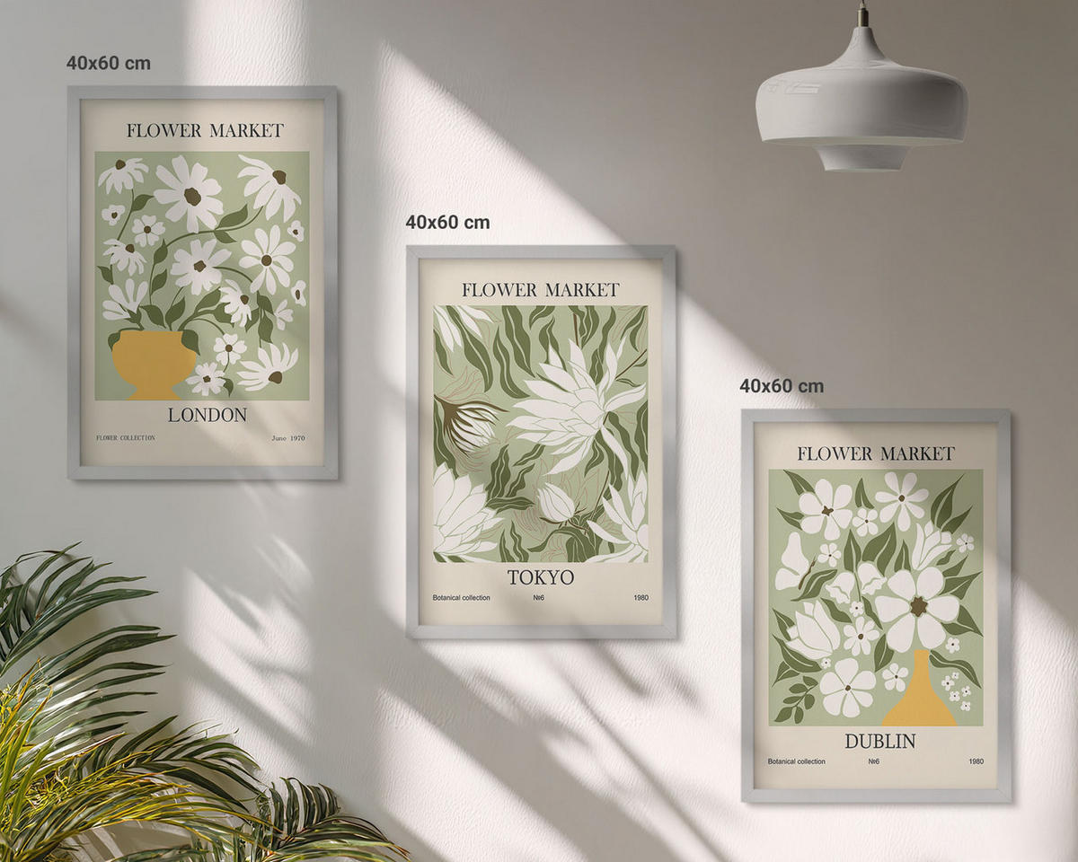 WANDBILDER 3er Set - 40x60 cm Silberner Rahmen - Blumenmuster London Tokio Dublin - Silberfarben, Kunststoff (40/60cm) - ArtPrintCave