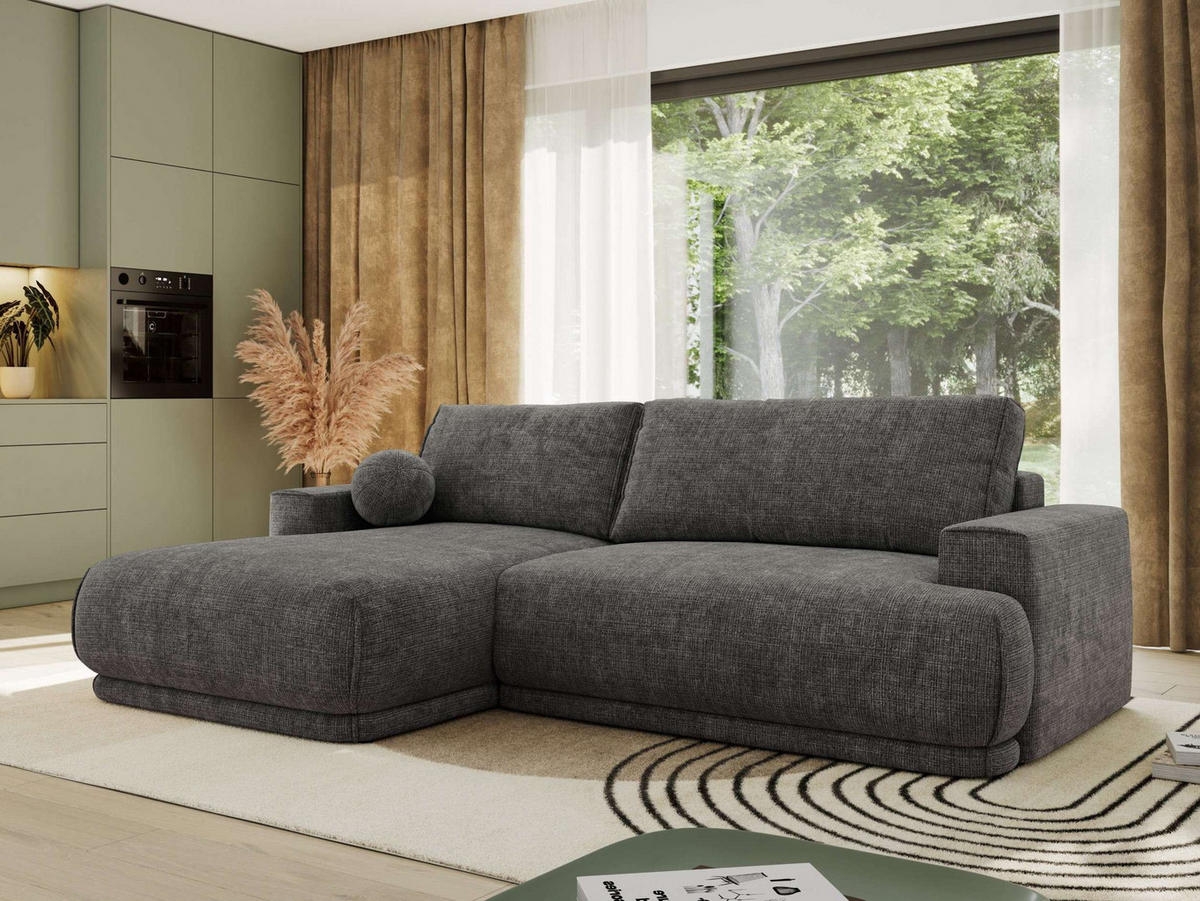 ECKSCHLAFSOFA RINA L Grau Schenille grob gewebt - links - Schwarz/Grau, Kunststoff/Textil (267/170cm) - MKS
