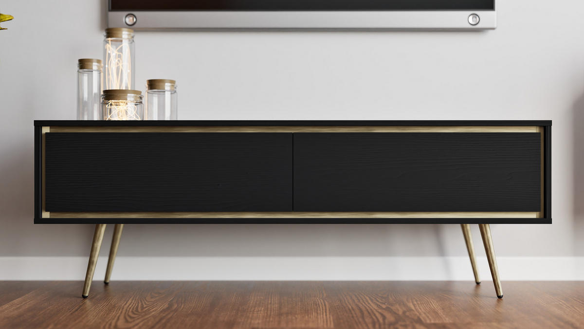 TV-SCHRANK Torina Schwarz, mit goldenen Beinen - Goldfarben/Schwarz, Holzwerkstoff/Metall (150/50/40cm) - Bettso