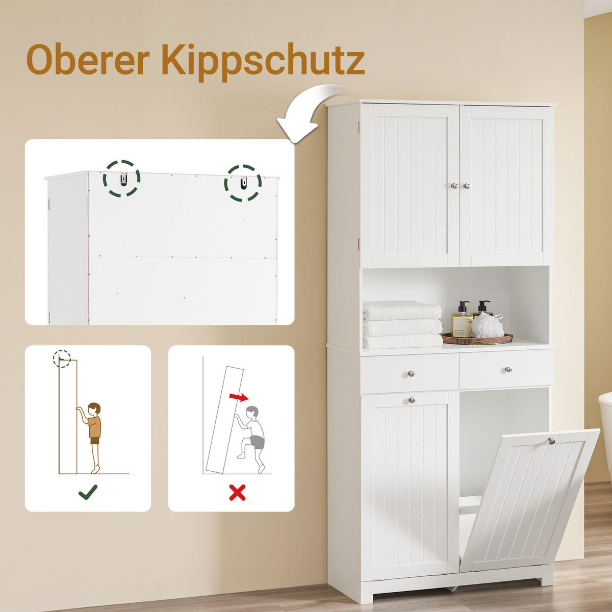 BADEZIMMERSCHRANK schmal, 78 x 181 x 38 cm, mit 2 Wäschekörben, 2 Schubladen und offenem Regal, weiß - Weiß, Holzwerkstoff (78/181/38cm) - SoBuy