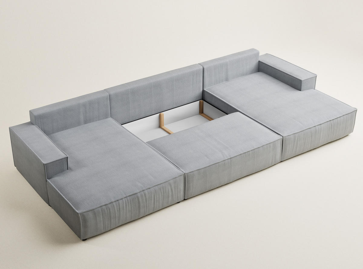 WOHNLANDSCHAFT Kyoto Hellgrau Samtstoff - Hellgrau/Schwarz, Holz/Holzwerkstoff (398/70/148cm) - Maison de Reve