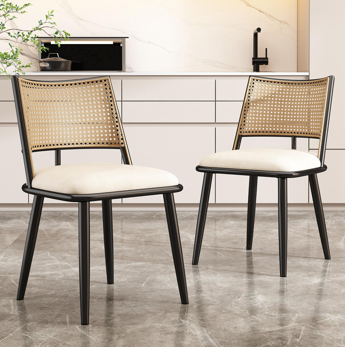 ESSZIMMERSTUHL 2er-Set mit PU-Sitz Rattan Schwarz - Schwarz, Metall (46/80/48cm) - Meubliv