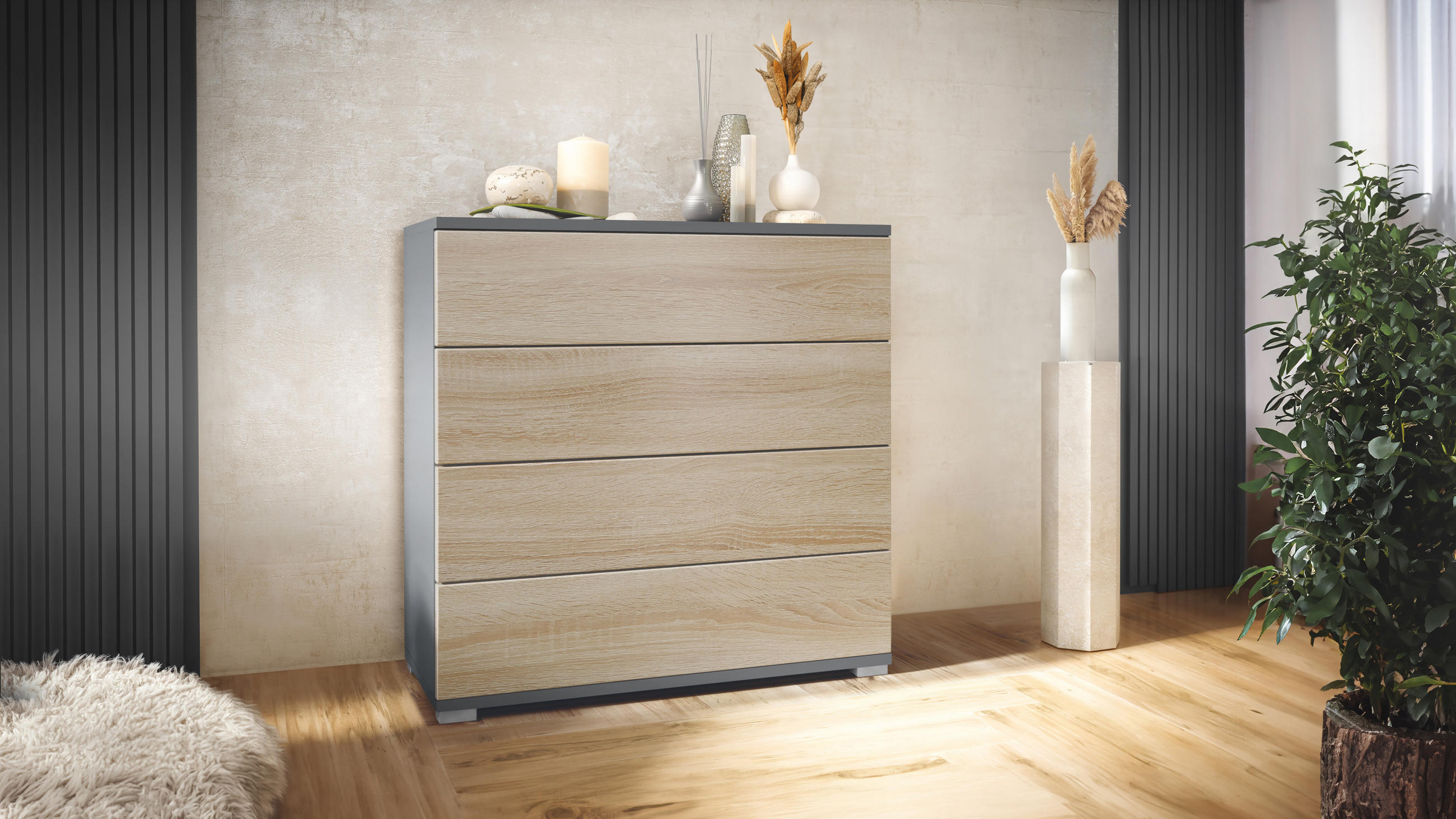 KOMMODE Pavos Eiche sägerau - Eiche San Remo, Holzwerkstoff (76/76/35cm) - Vladon