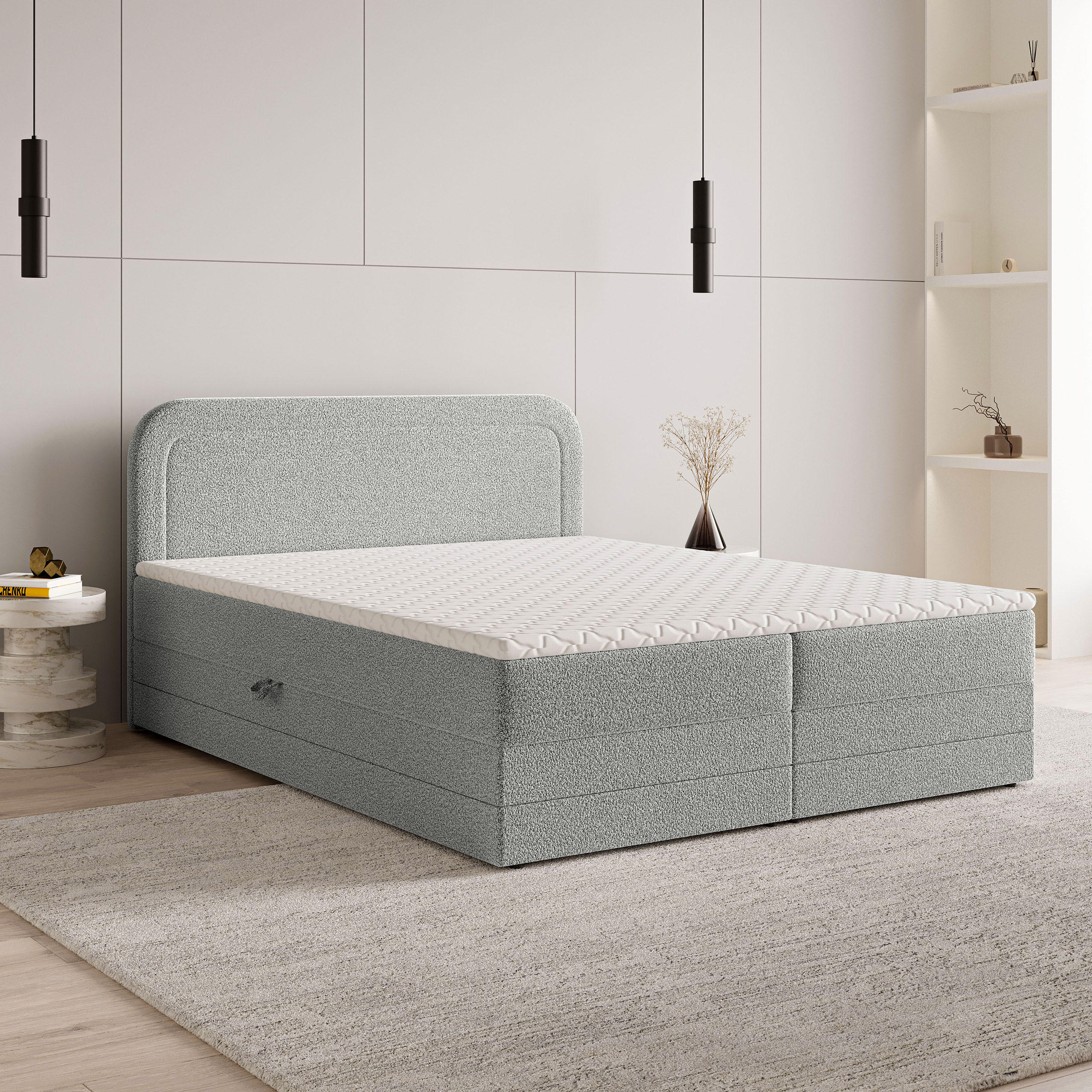 BOXBETT ARMEL 140x200 cm mit Matratze und Topper - Hellgrau - Hellgrau, Holz (140/200cm) - MASSENO