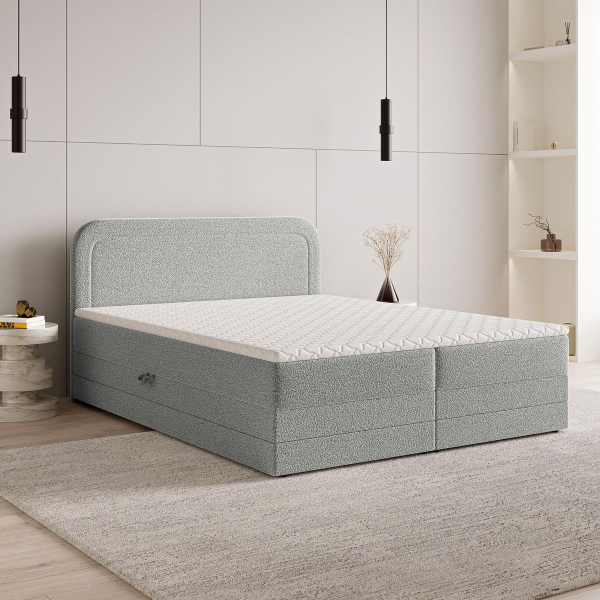 BOXBETT ARMEL 160x200 cm mit Matratze und Topper - Hellgrau - Hellgrau, Holz (160/200cm) - MASSENO