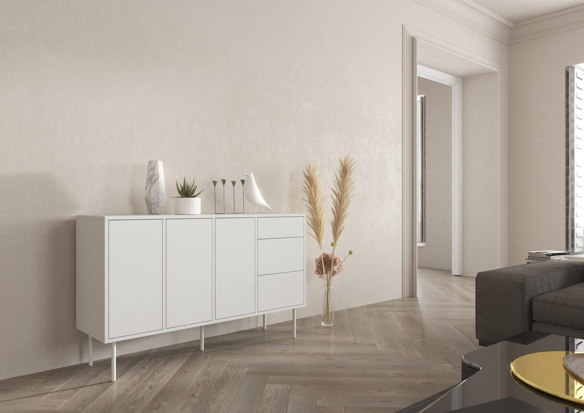 SIDEBOARD Mirka, Weiß, Push to Open System, Minimalistisch - Weiß, Holzwerkstoff/Metall (130/80/40cm) - Dancan