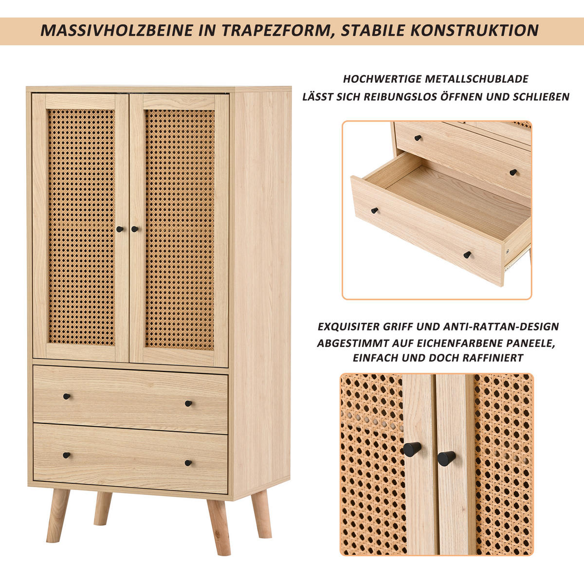 HIGHBOARD mit Rattantüren und 2 Schubladen in Eicheoptik - Eichefarben, Holzwerkstoff (60/120/40cm) - Urban Meuble