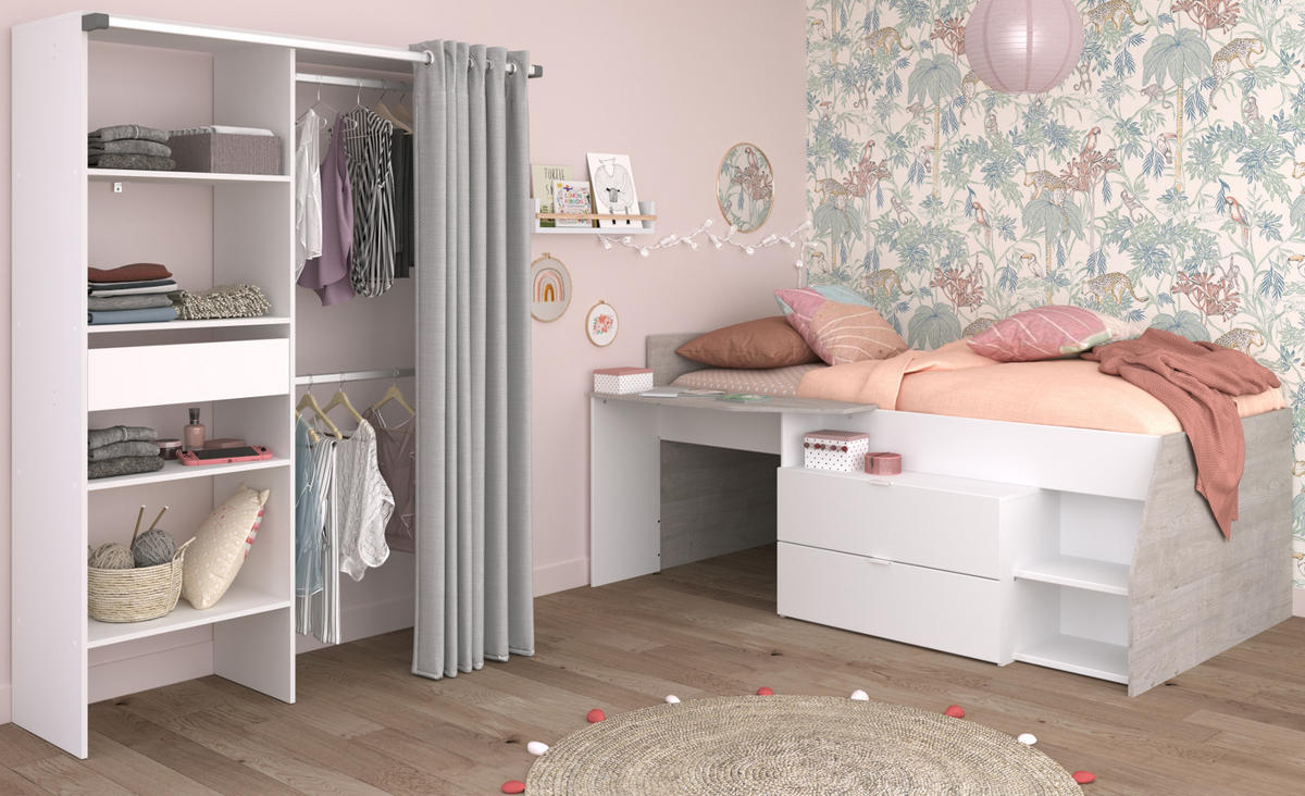 KINDERZIMMER weiß, grau 2-teilig, Jugendzimmer-Set Stauraumbett und Kleiderschrank - Schwarz/Weiß, Holzwerkstoff/Kunststoff (143/182/135cm) - Parisot Meuble