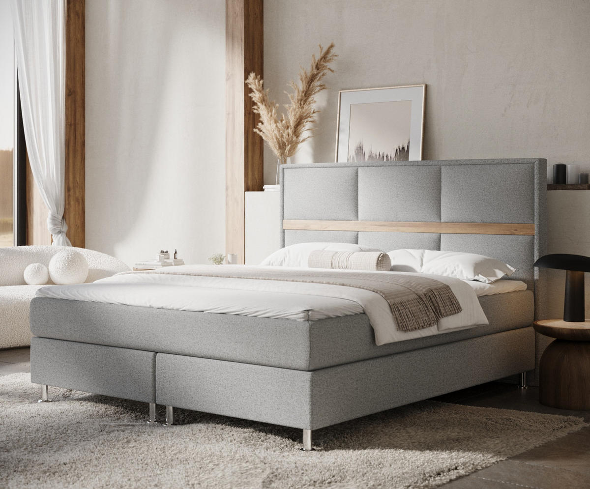 BOXSPRINGBETT Soto Hellgrau 200/200 cm mit Latex-Topper - Silberfarben/Hellgrau, Holz/Holzwerkstoff (200/200cm) - Maison de Reve
