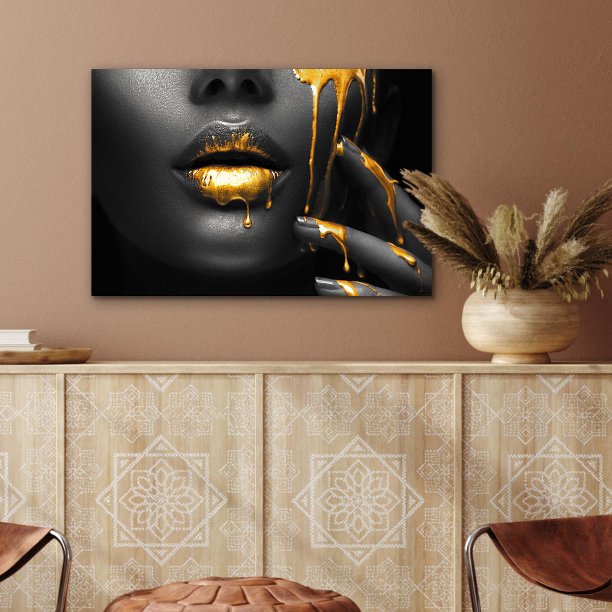 METALLBILD Frau - Schwarz - Gold - Gesicht - Lippen 60x40 cm - Goldfarben, Metall (60/40cm) - MuchoWow
